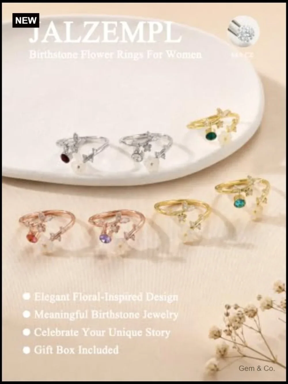 Birthstone Flower Ring Non Tarnish CZ Adjustable Size 7-11 Gift